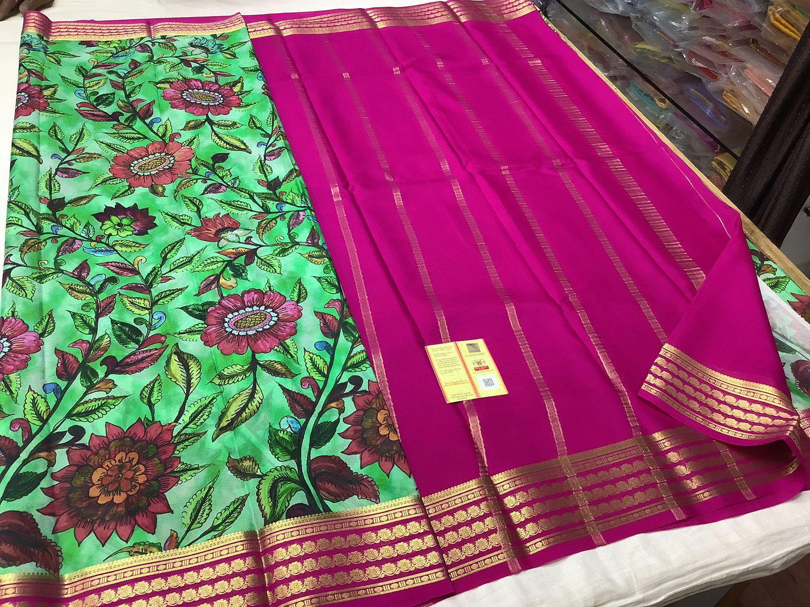 Premium Traditional Mysore Printed Floral Silk Sarees for Weddings & Festive Wear