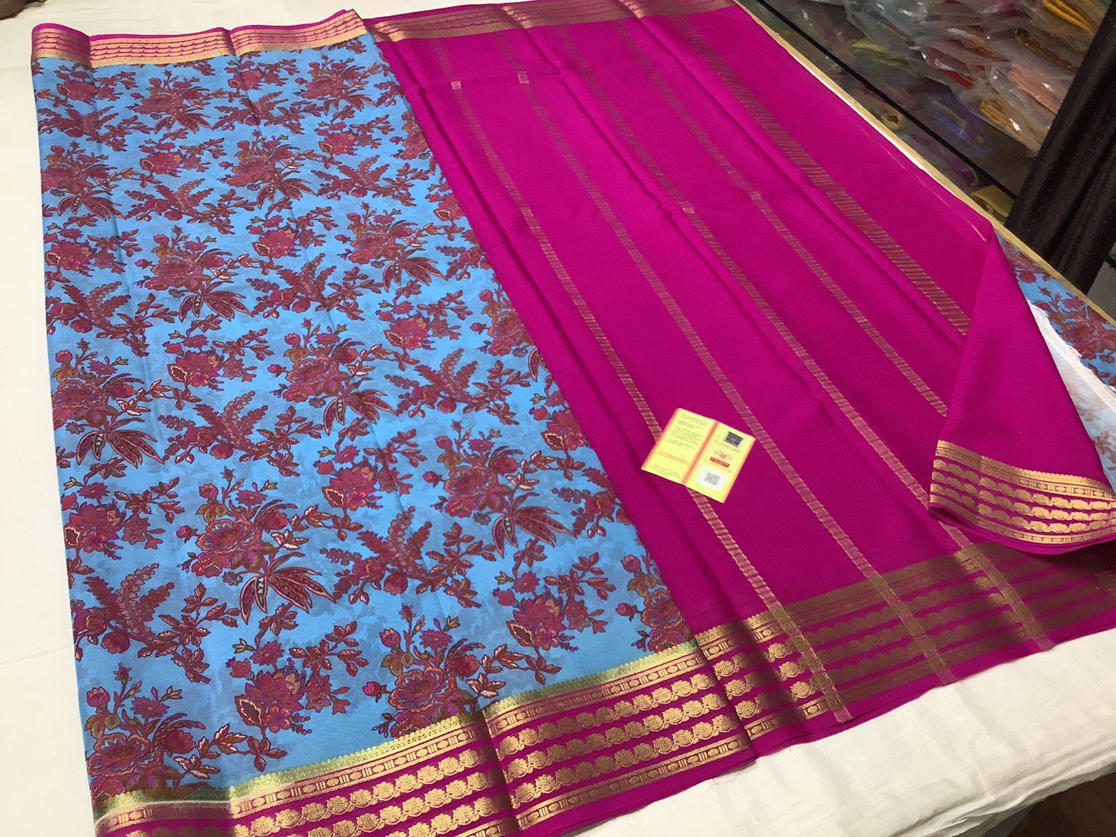 Premium Designer Mysore Printed Crepe Silk Sarees for Weddings & Festive Wear