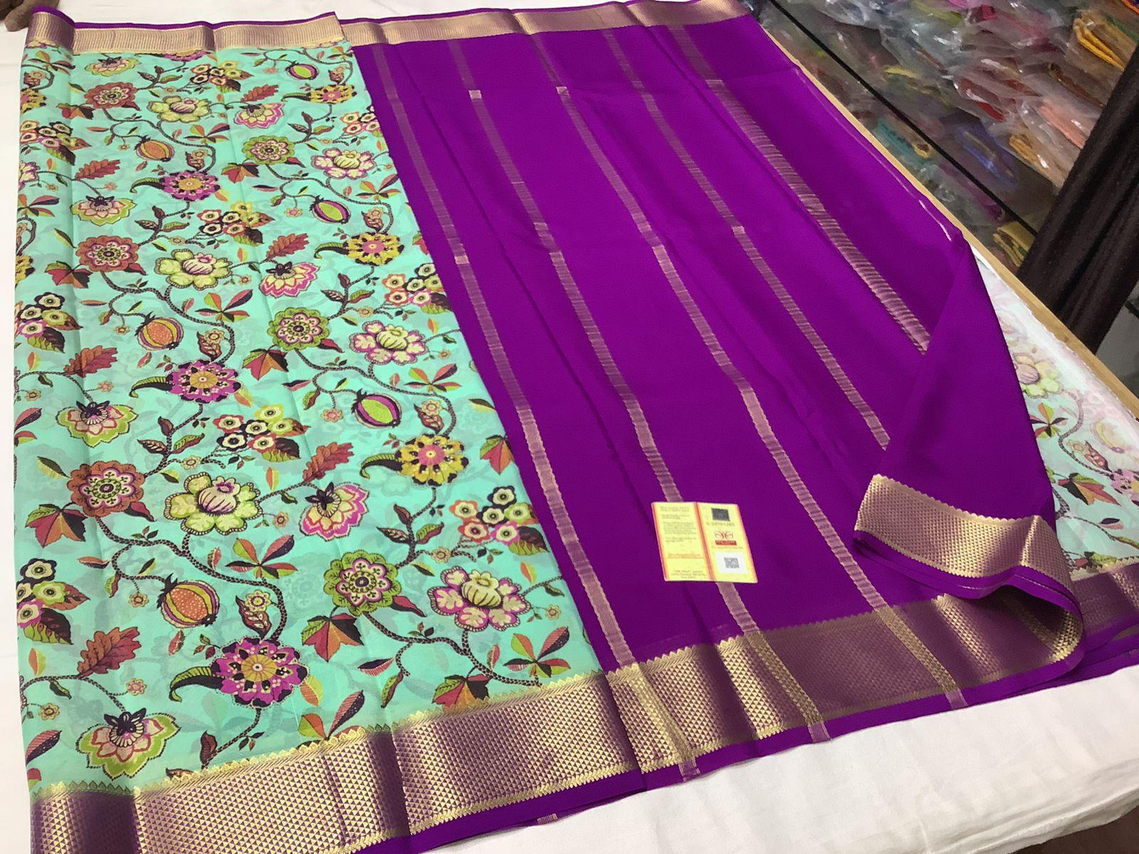 Premium Luxurious Mysore Printed Crepe Silk Sarees for Weddings & Festive Wear