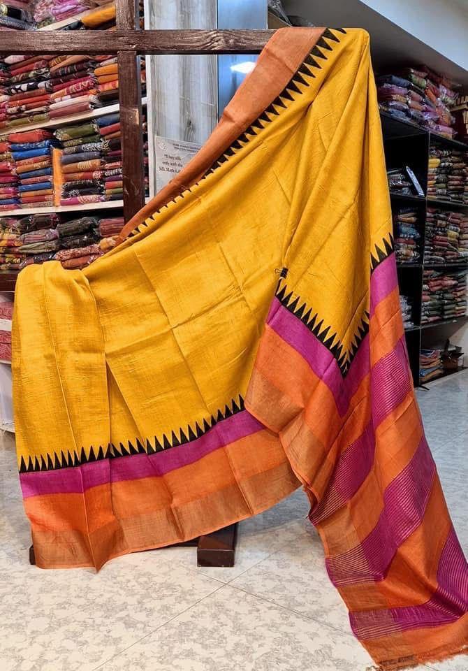 Premium Lustrous Beauty: Tussar Handprint Sarees with Rich Golden Kanchi Pallu for Weddings & Festive Wear