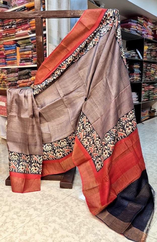 Premium Tussar Handprint Sarees with Elegant Kanchi Pallu in Grey for Weddings & Festive Wear