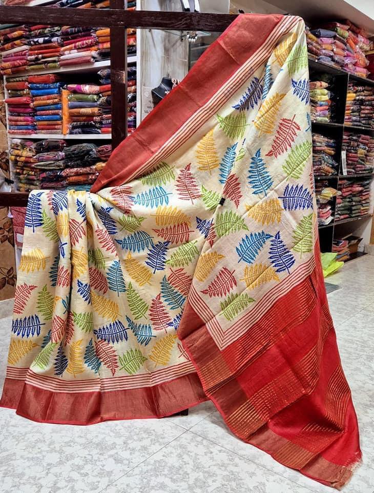 Premium Heritage Weaves: Tussar Handprint Sarees with Rich Kanchi Pallu in Red for Weddings & Festive Wear