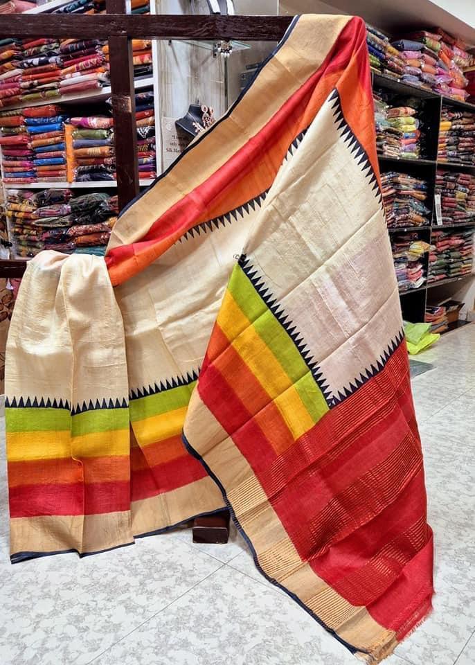 Tussar Handprint Sarees with Elegant Kanchi Pallu in White