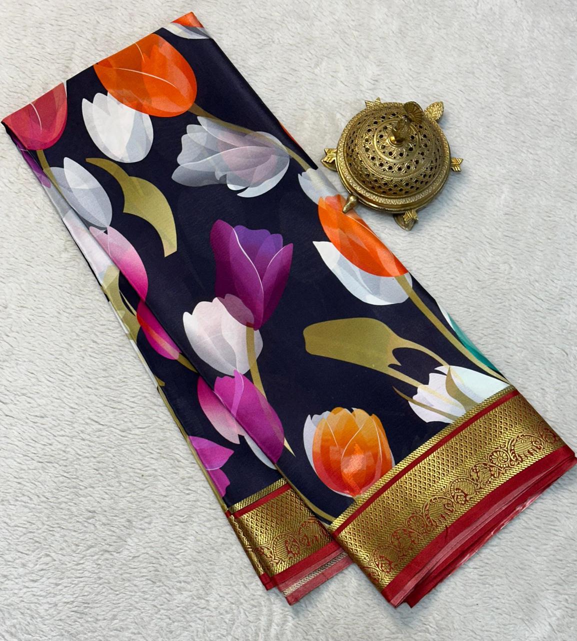 Premium Modern Printed Mysore Crepe Silk with Kanchi Border and Contrast Pallu for Weddings & Festive Wear