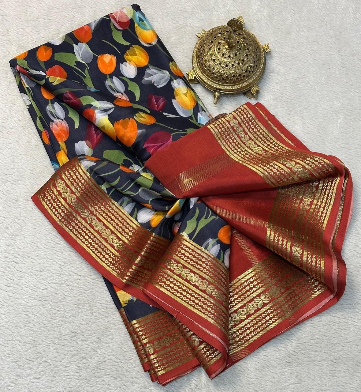 Elegant Modern Printed Mysore Crepe Silk Saree with Kanchi Border