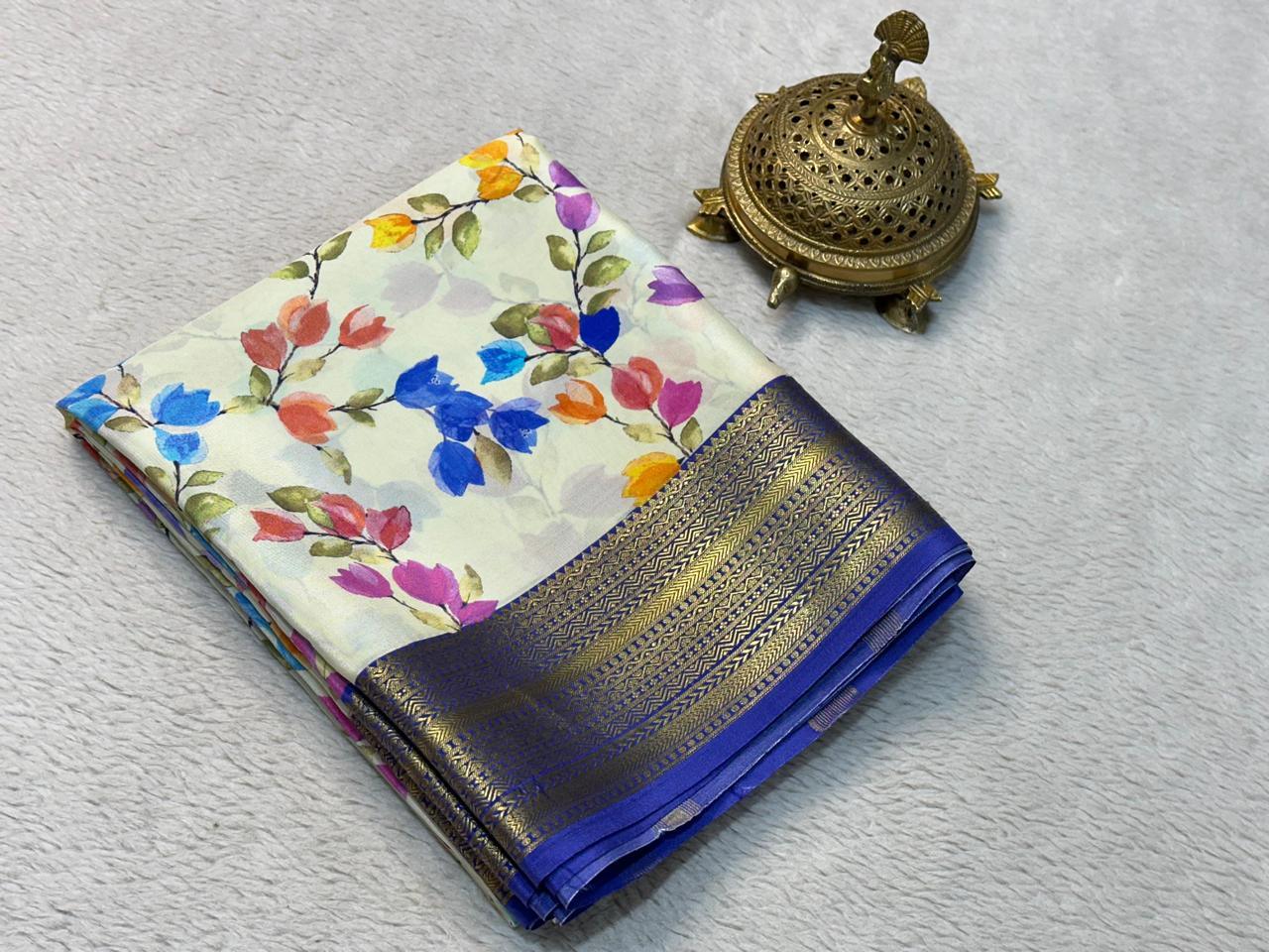 Premium Exclusive Modern Printed Mysore Crepe Silk with Kanchi Border and Blouse for Weddings & Festive Wear