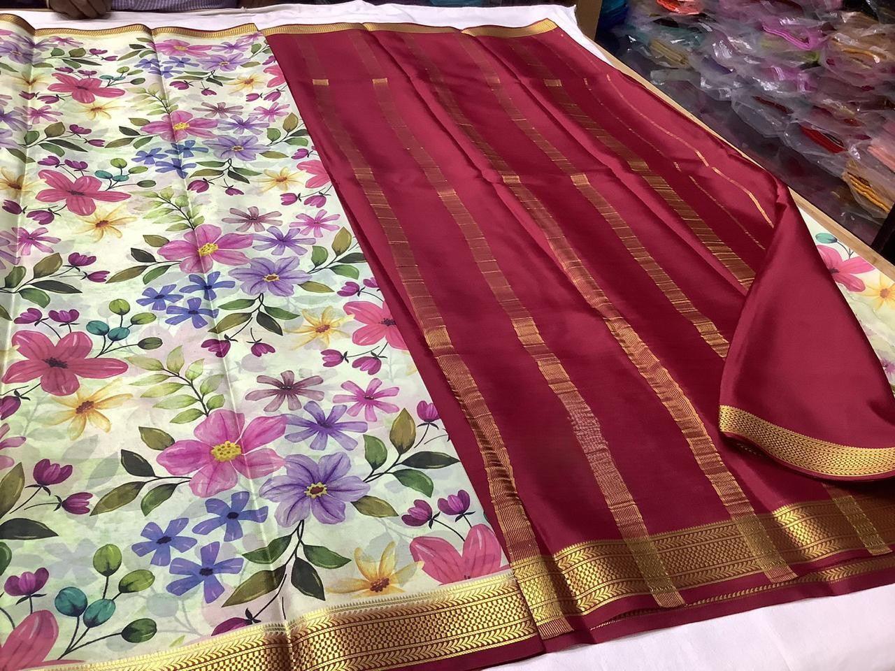 Premium Trendsetting Modern Printed Mysore Crepe Silk with Blouse for Weddings & Festive Wear