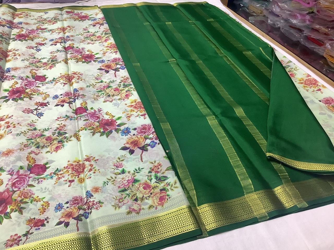 Premium Alluring Modern Printed Mysore Crepe Silk with Contrast Pallu for Weddings & Festive Wear