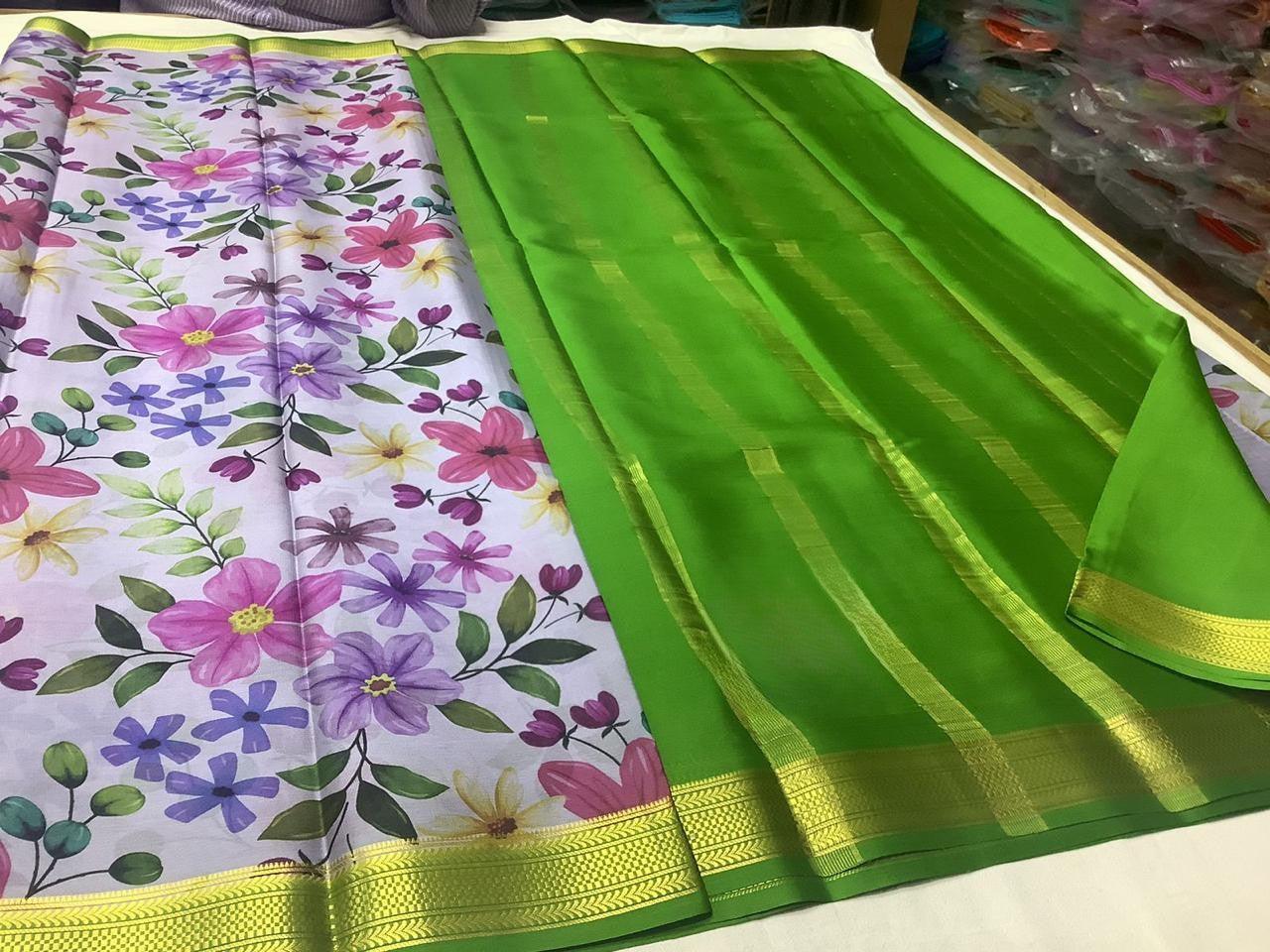 Premium Lavish Modern Printed Mysore Crepe Silk with Kanchi Border for Weddings & Festive Wear