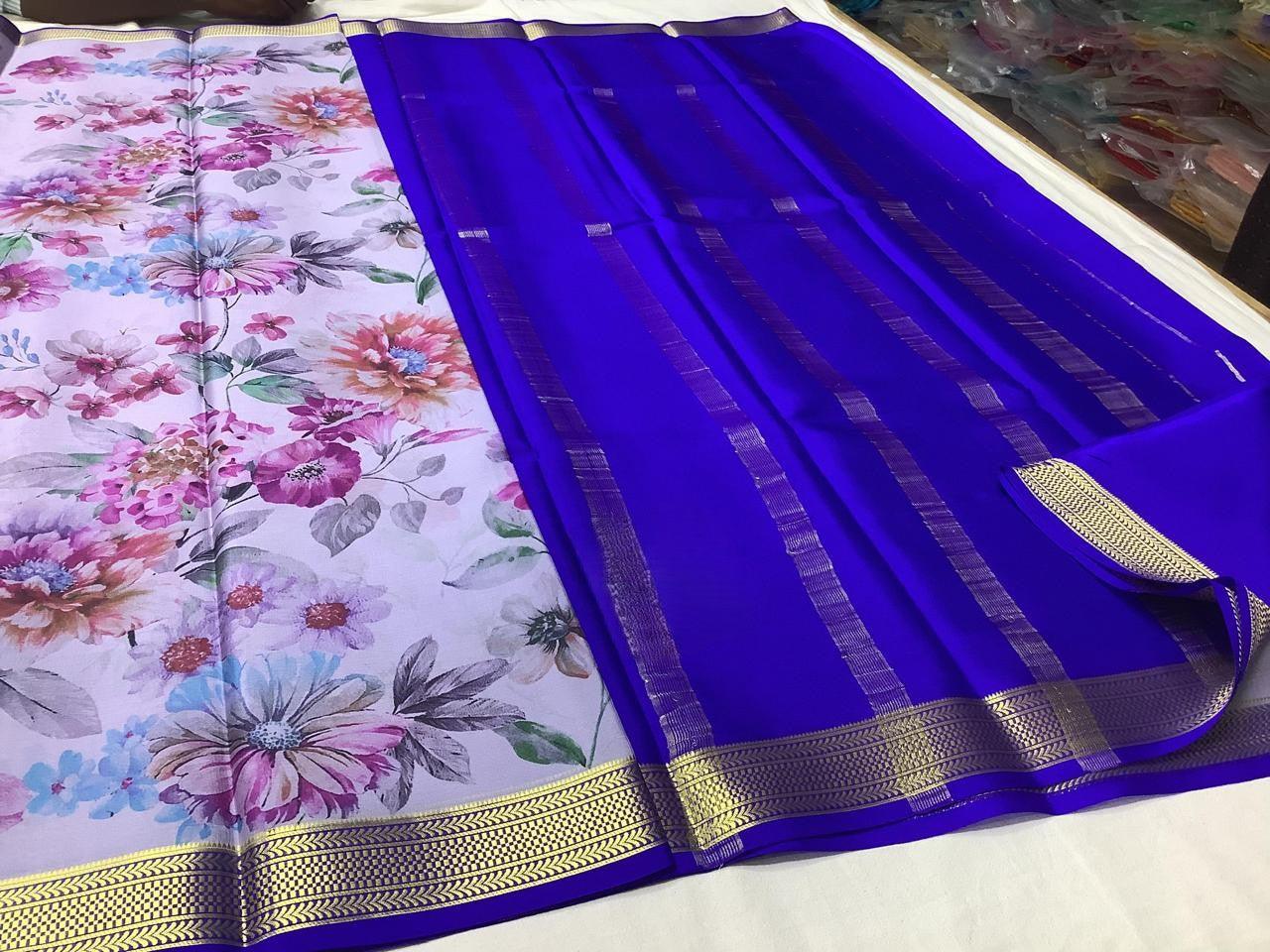 Grand Modern Printed Mysore Crepe Silk with Contrast Pallu