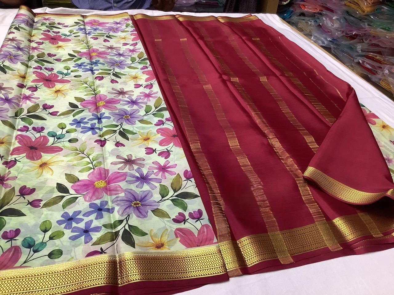 Premium Elegant Modern Printed Mysore Crepe Silk with Contrast Pallu for Weddings & Festive Wear