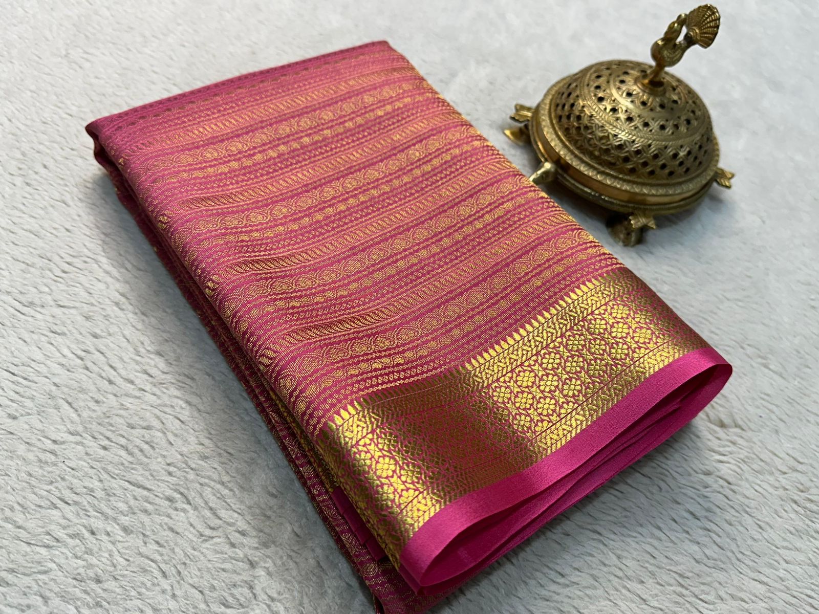 Pink Pure Brocade Mysore Silk Sarees, Zari Weaving, Rich Pallu