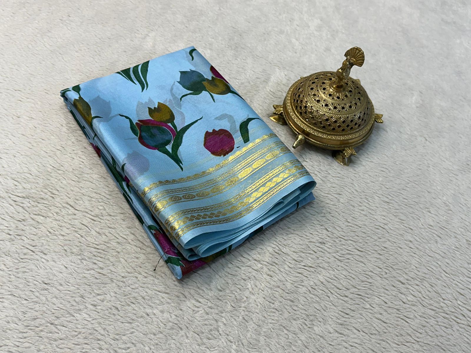 Premium Luxurious Floral Print Mysore Silk Sarees with Plain Blouse for Weddings & Festive Wear