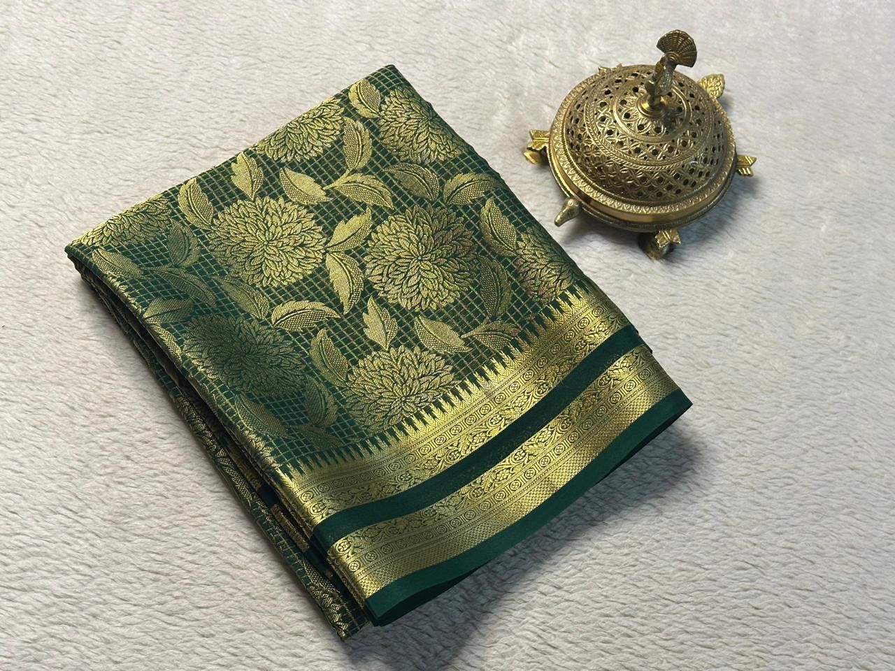 Luxurious Bridal Silk Brocade Saree: Gold & Silver Zari with Rich Floral Checks and Opulent Pallu