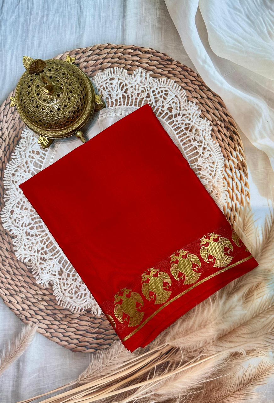 Premium Soft Mysore Silk Sarees – Peacock Lines Border in Beautiful Solid Tones for Weddings & Festive Wear
