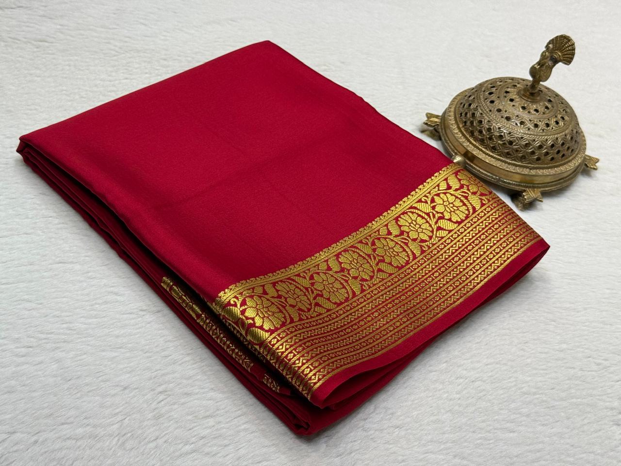 Premium Mysore Silk Saree Featuring Floral Lines Zari Border & Contrast Blouse