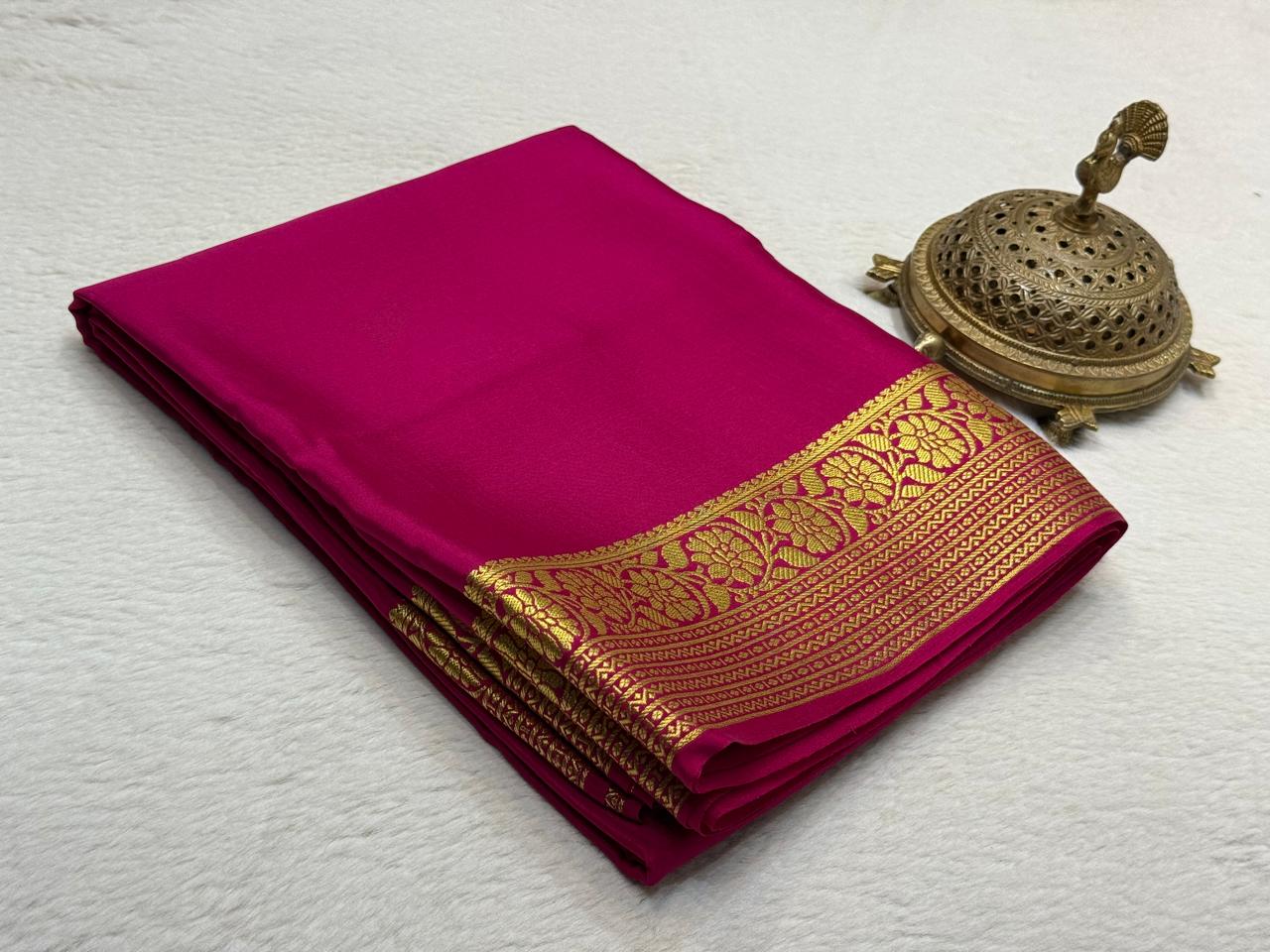 Rani Pink Mysore Silk Saree for Women | Elegant Zari Border | Traditional Wedding Saree