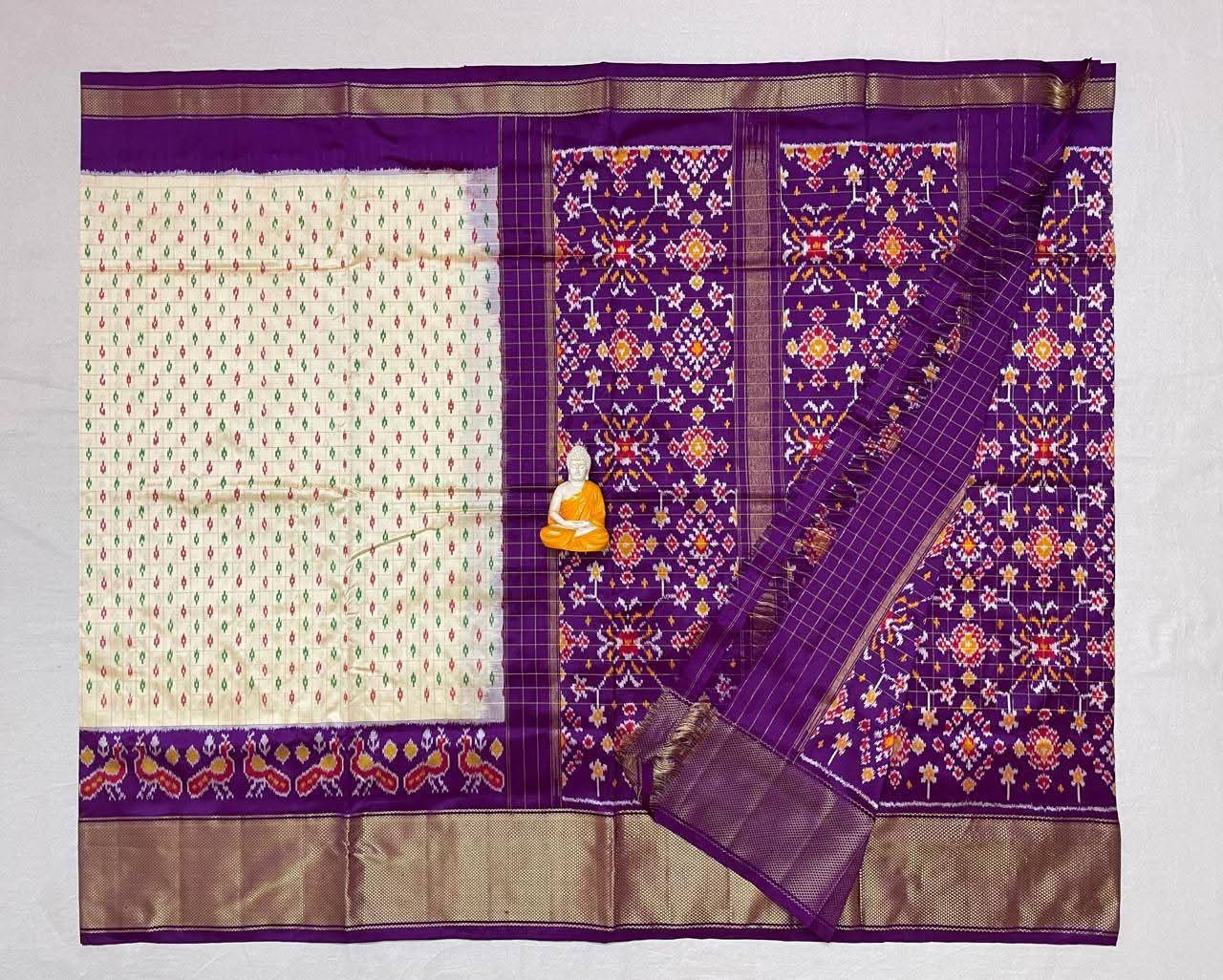 Cream Ikkat Silk Saree Premium Zari Border