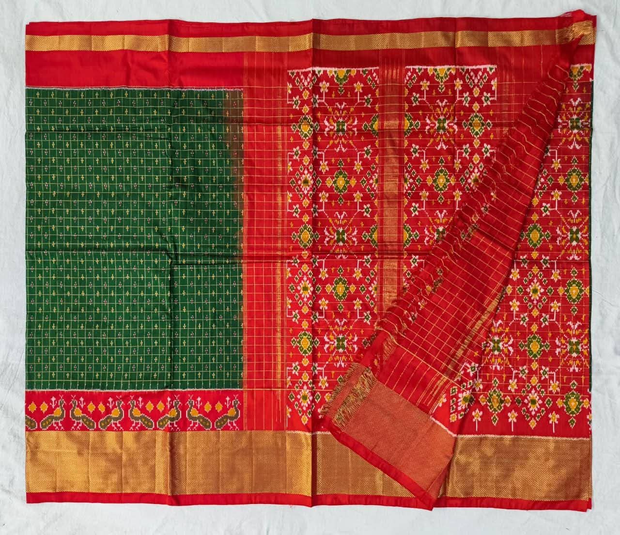 Ikat Silk Bottle Green Saree with zari check border