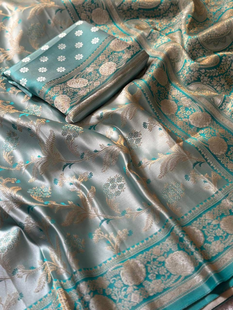 Golden Fendy Shine Saree with Sabyasachi-Inspired Lace & Stitched Blouse