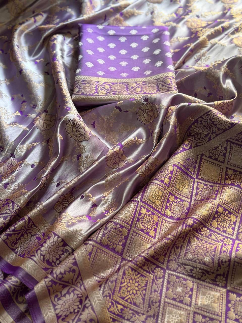 Golden Fendy Shine Saree with Sabyasachi-Inspired Lace & Stitched Blouse