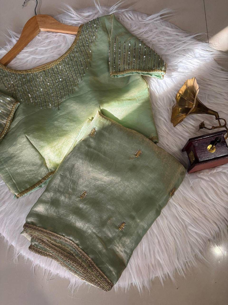 Golden Fendy Shine Saree with Sabyasachi-Inspired Lace & Stitched Blouse