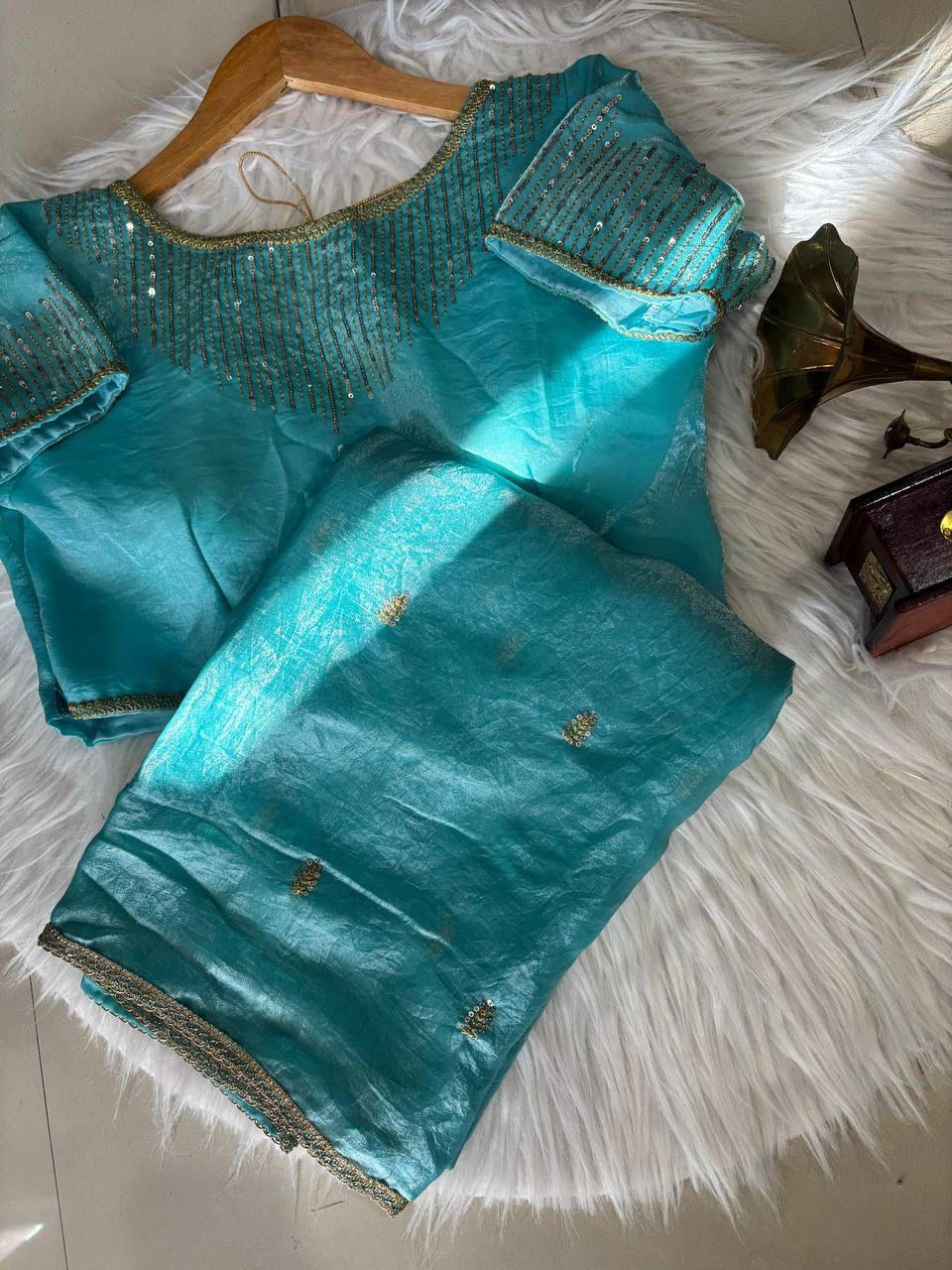 Golden Fendy Shine Saree with Sabyasachi-Inspired Lace & Stitched Blouse