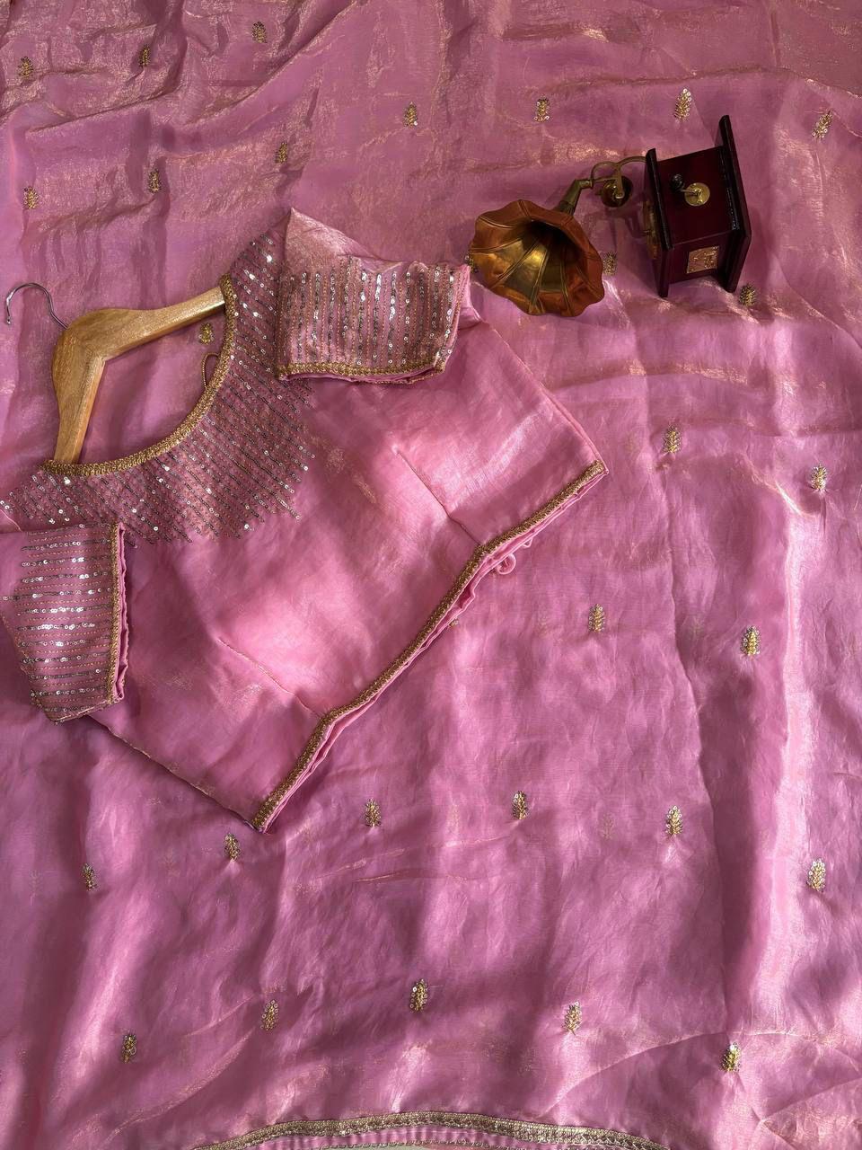 Golden Fendy Shine Saree with Sabyasachi-Inspired Lace & Stitched Blouse