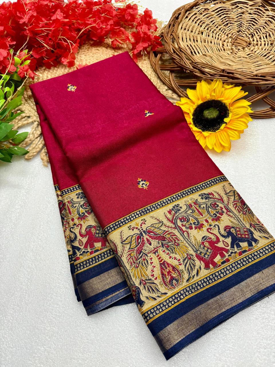 Rich Maroon Mangalagiri Silk Saree Featuring Traditional Motif Border