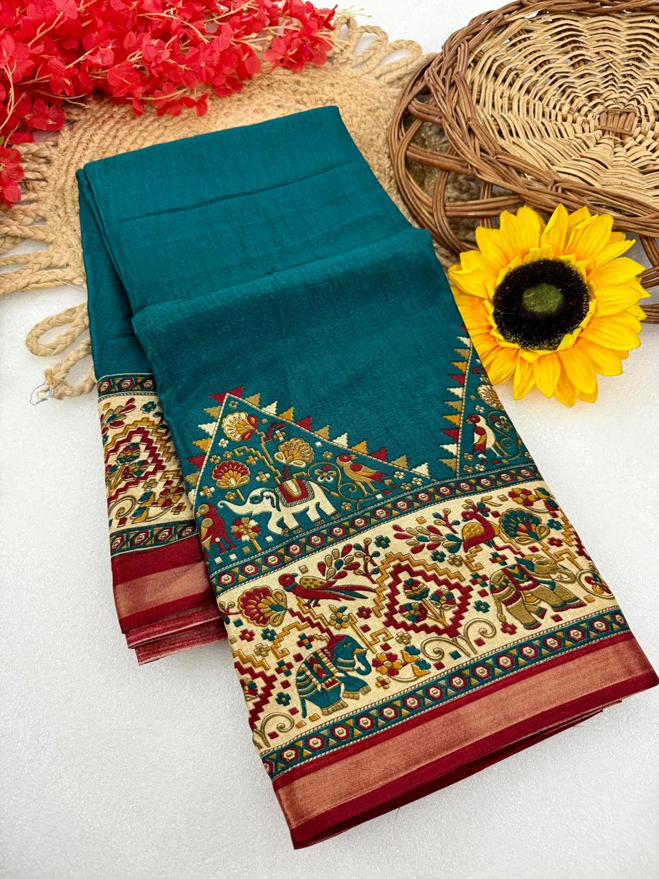 Teal Blue Premium Mangalagiri Silk Saree with Grand Temple-Inspired Jacquard Border