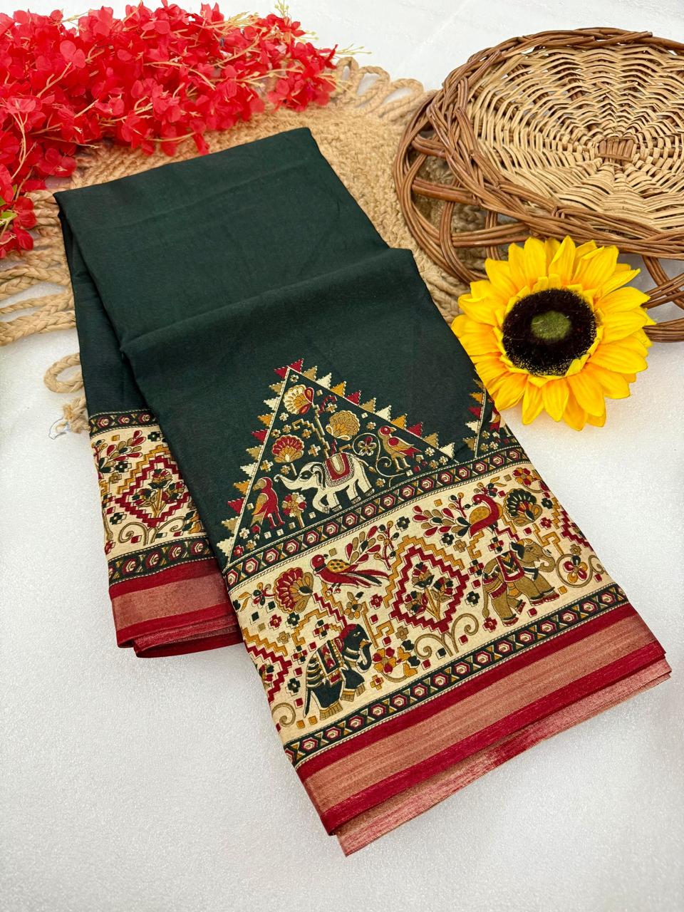 Bottle Green Premium Mangalagiri Silk Saree with Royal Temple Jacquard Border