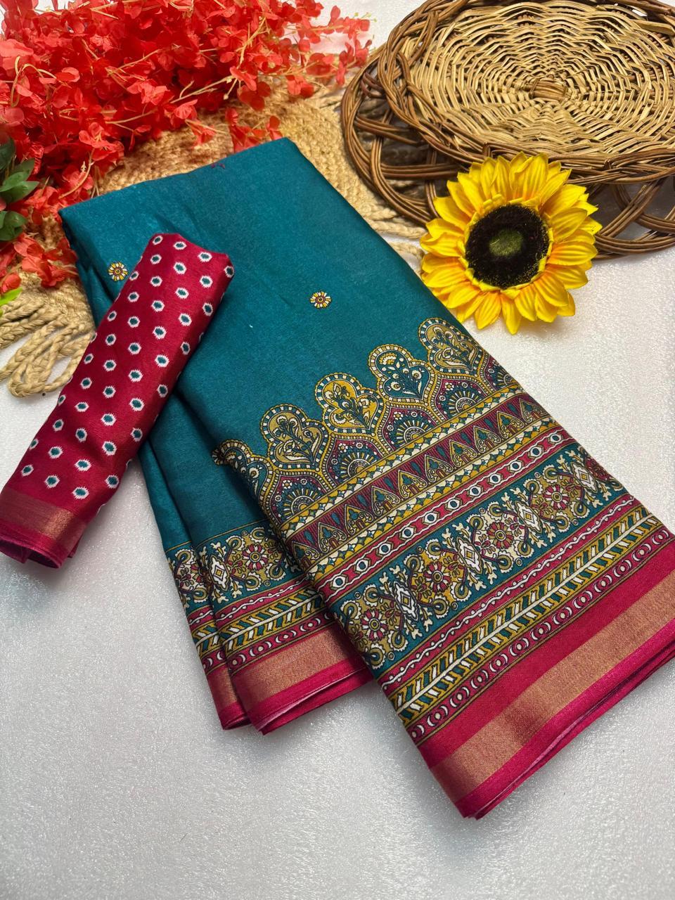 Teal Green Premium Mangalagiri Silk Saree with Designer Floral Jacquard Border