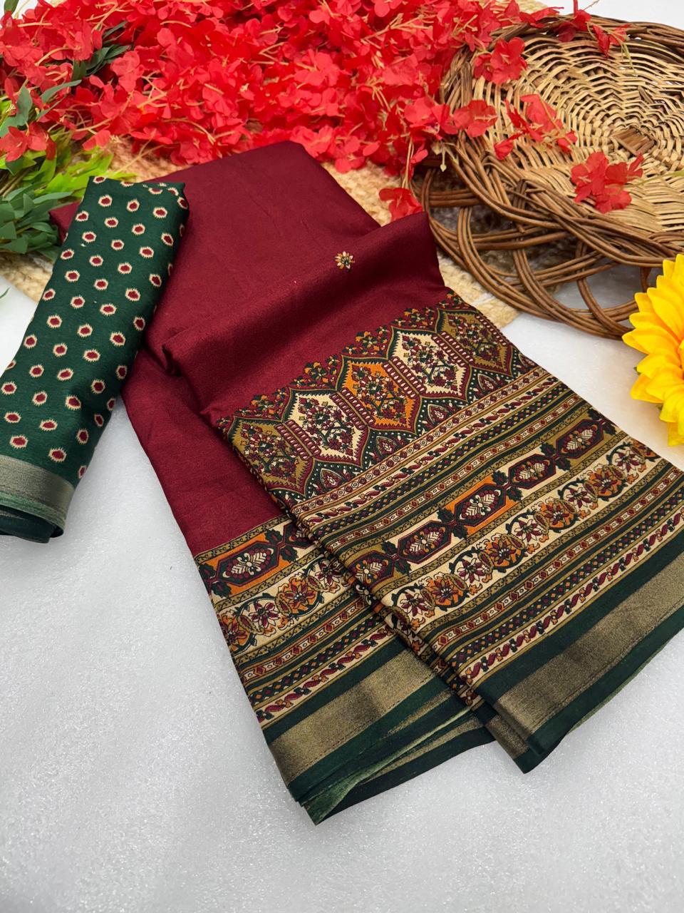Wine Maroon Premium Mangalagiri Silk Saree with Elegant Heritage Jacquard Border