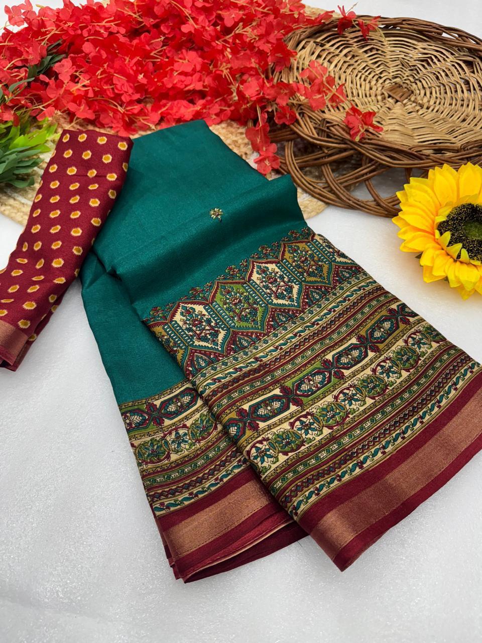 Peacock Teal Premium Mangalagiri Silk Saree with Traditional Heritage Jacquard Border