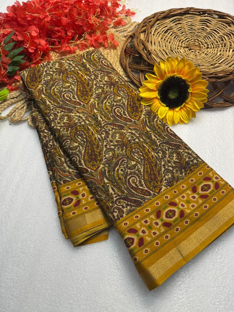 Antique Gold Paisley Premium Mangalagiri Silk Saree with Traditional Woven Border
