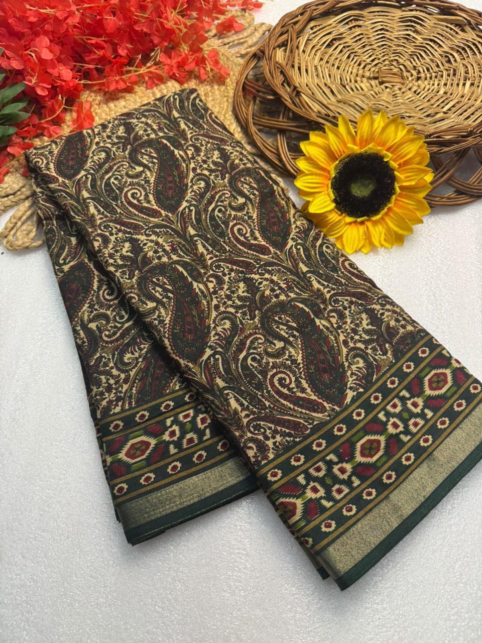 Classic Olive Paisley Premium Mangalagiri Silk Saree with Elegant Handwoven Border