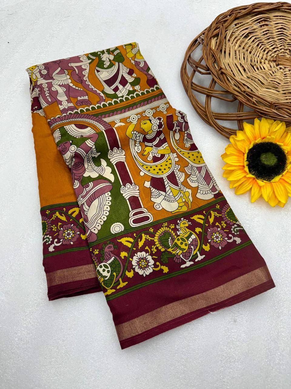 Multicolor Kalamkari Style Premium Mangalagiri Silk Saree with Artistic Temple Border