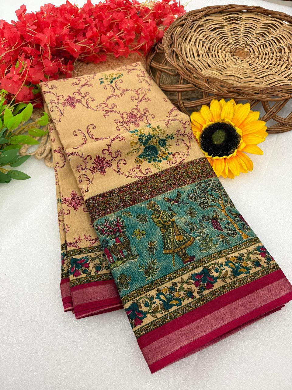 Beige Gold Premium Mangalagiri Silk Saree with Artistic Kalamkari Heritage Border