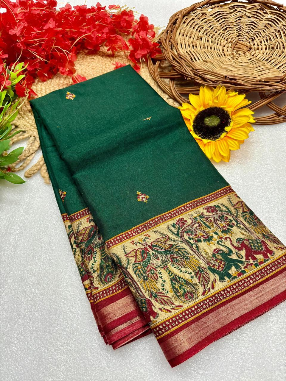Emerald Green Premium Mangalagiri Silk Saree with Regal Kalamkari Peacock Border