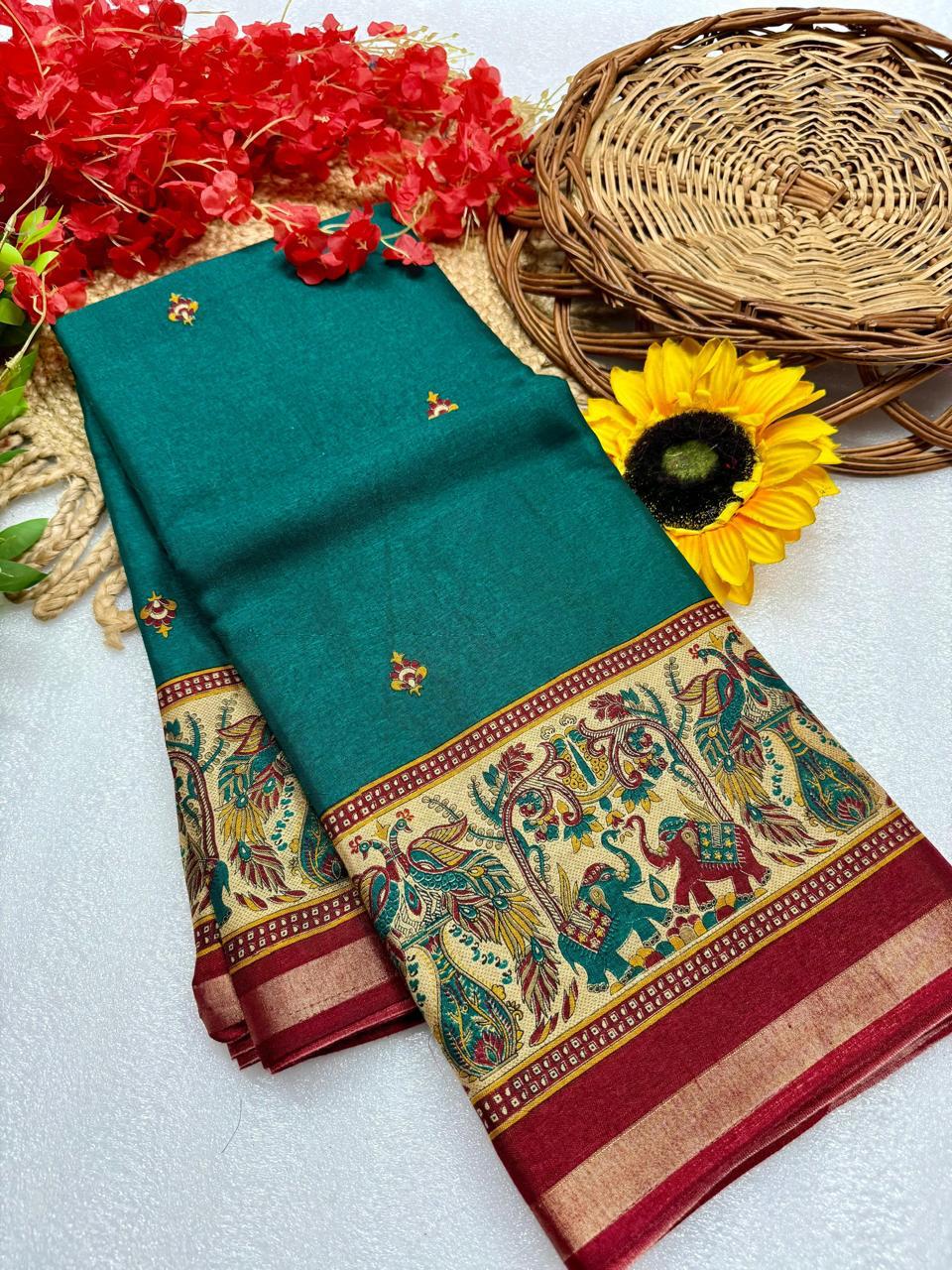 Bottle Green Premium Mangalagiri Silk Saree with Royal Kalamkari Peacock Border