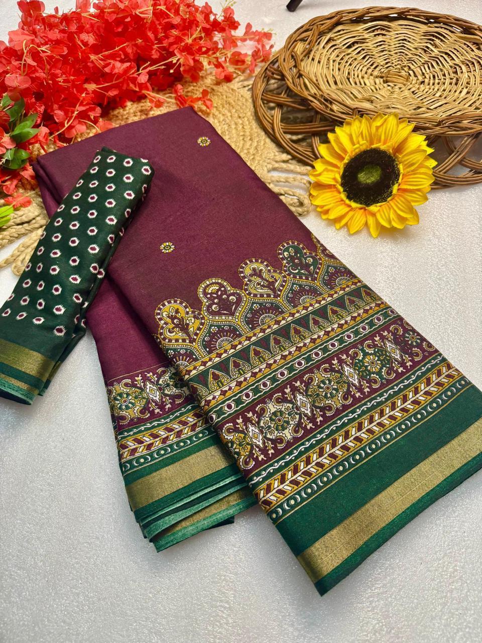 Wine Purple Premium Mangalagiri Silk Saree with Antique Kalamkari Temple Border & Contrast Green Blouse