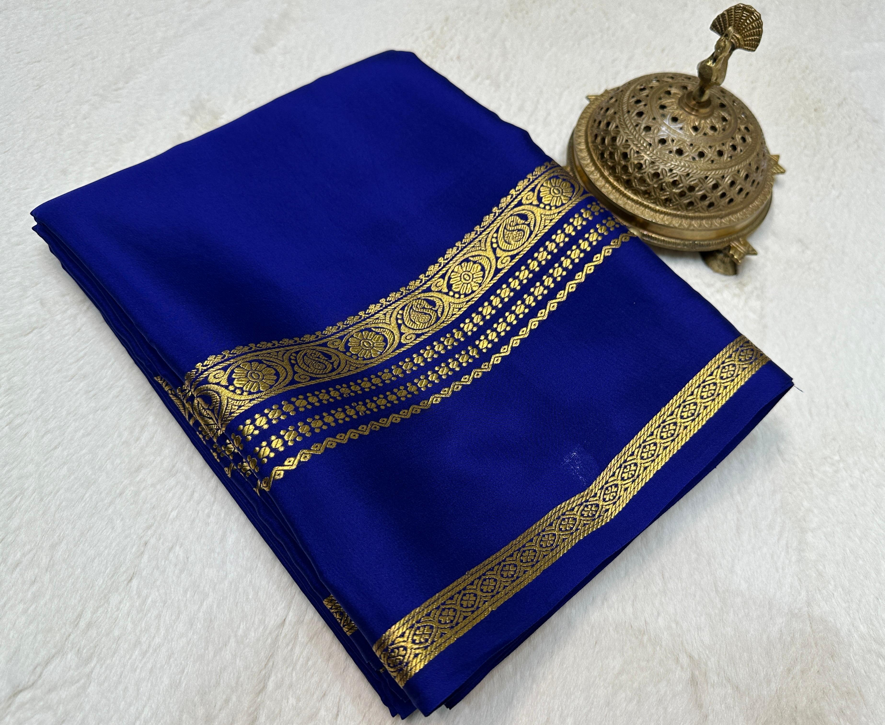 Navy Blue Pure Mysore Silk Saree: Floral Bentex Border, Rich Pallu