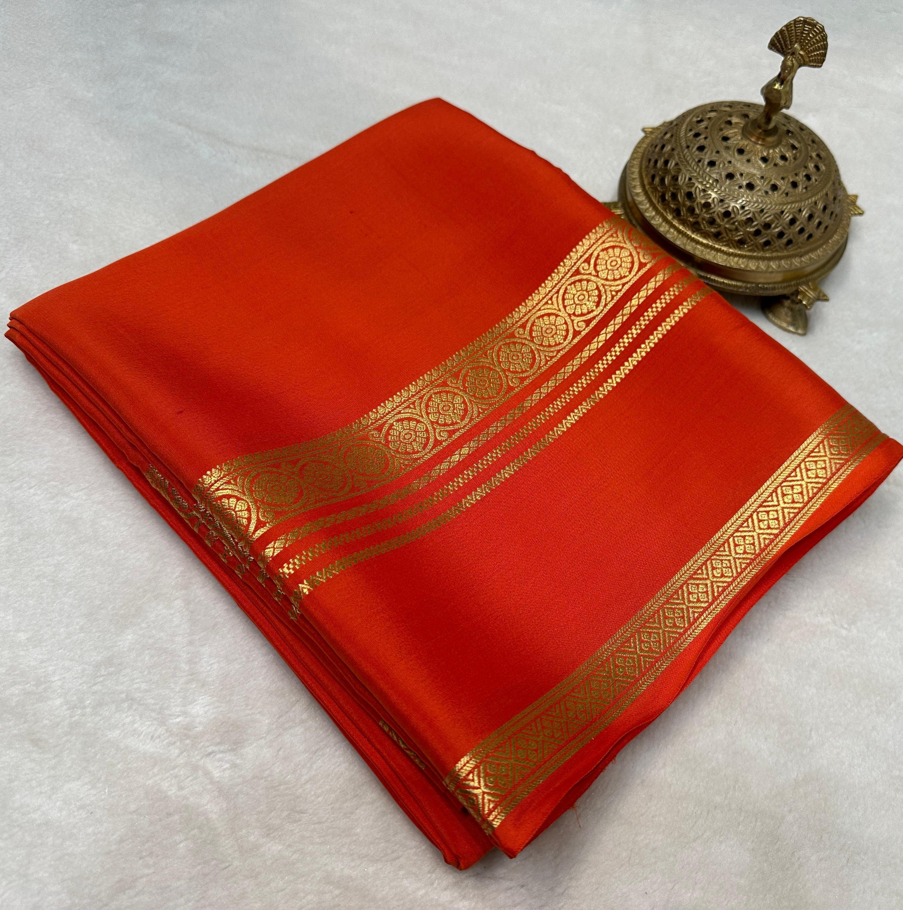 Pure Mysore Silk Saree in Orange Color with Contrast Blouse