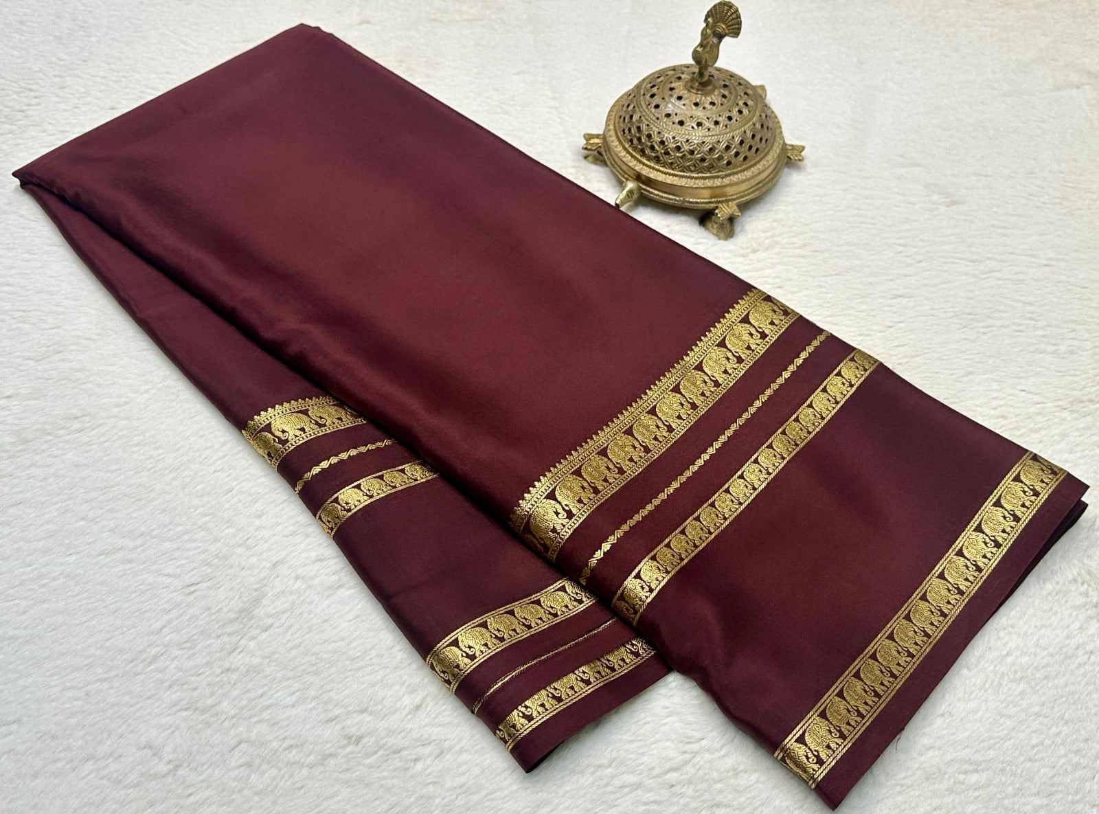 Maroon Mysore Crepe Silk Saree With Golden Elephant Border