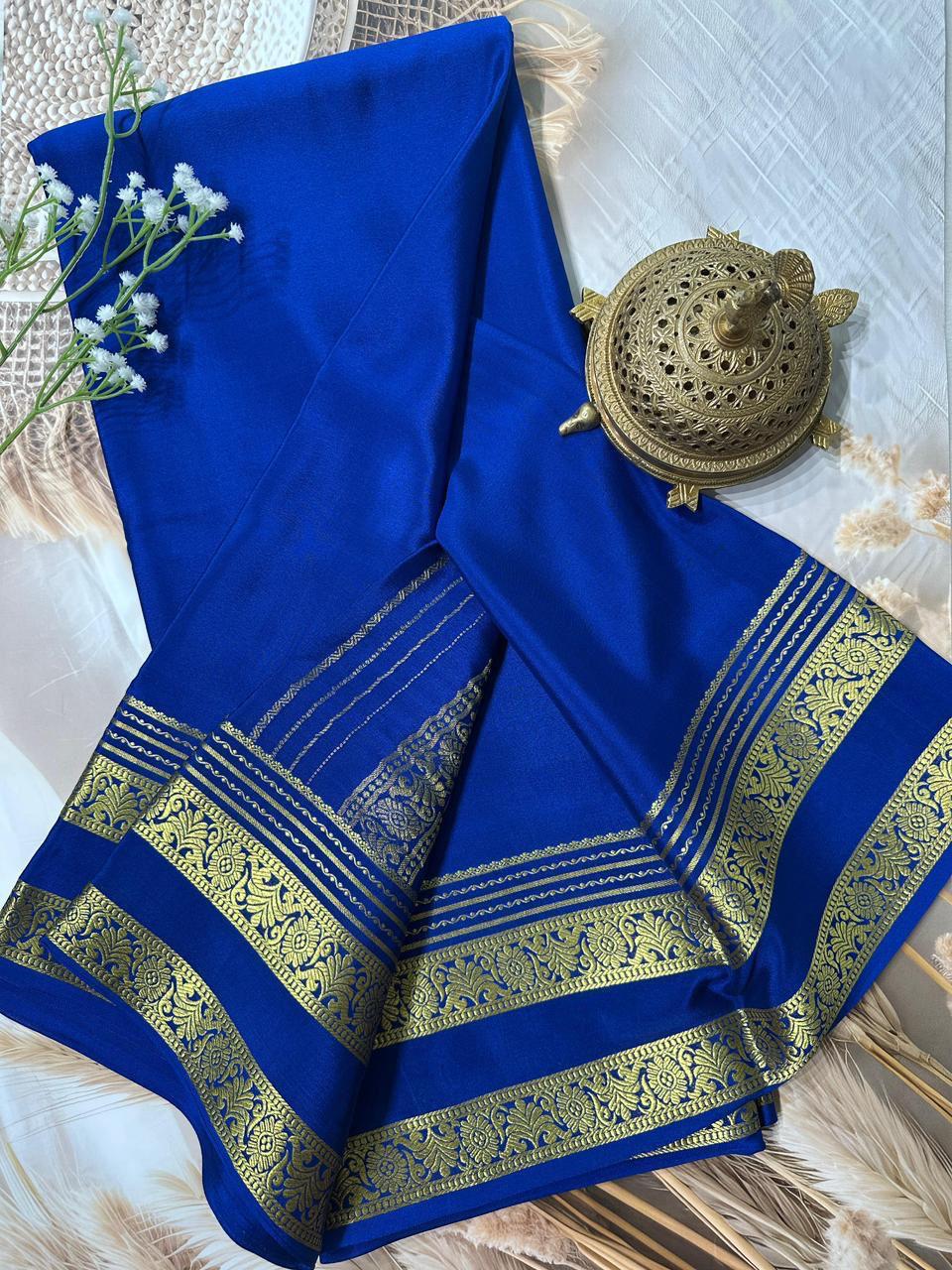 Royal Blue Semi Mysore Crepe Silk Saree With Heavy Floral Bentex Border