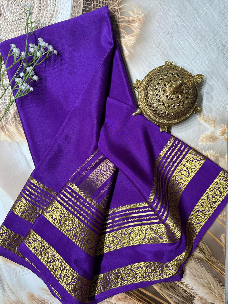 Purple Mysore Crepe Silk Saree With Heavy Floral Bentex Border