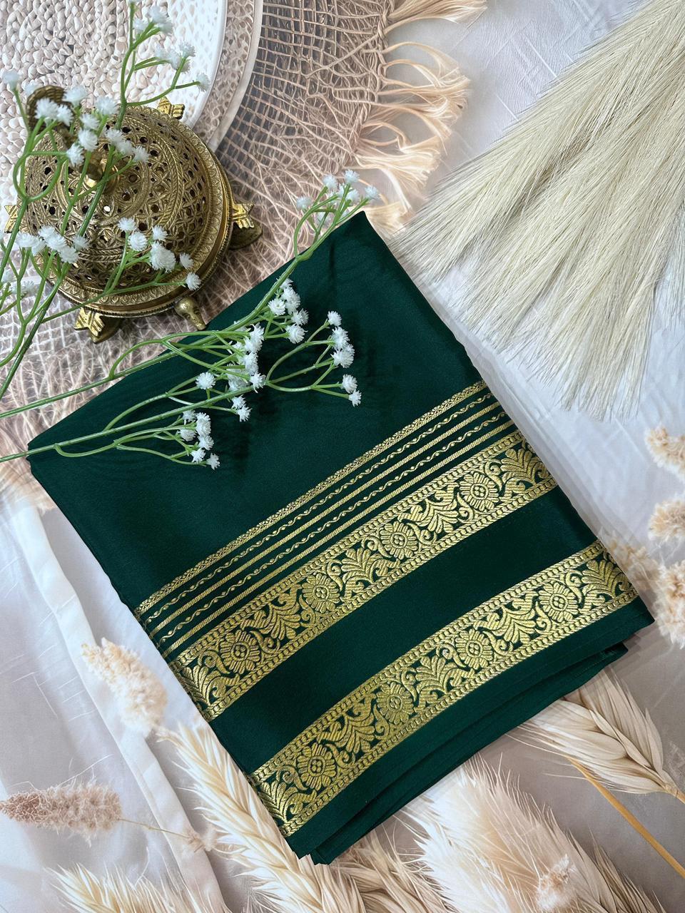 Dark Green Semi Mysore Crepe Silk Saree With Heavy Floral Bentex Border