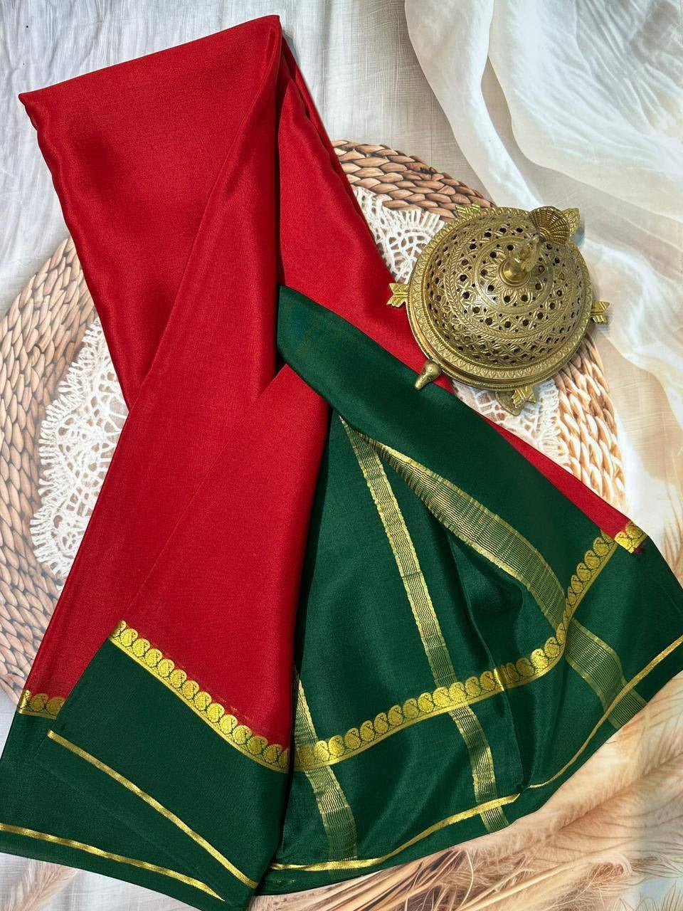 Red Mysore Crepe Silk Saree with Green Bentex Border