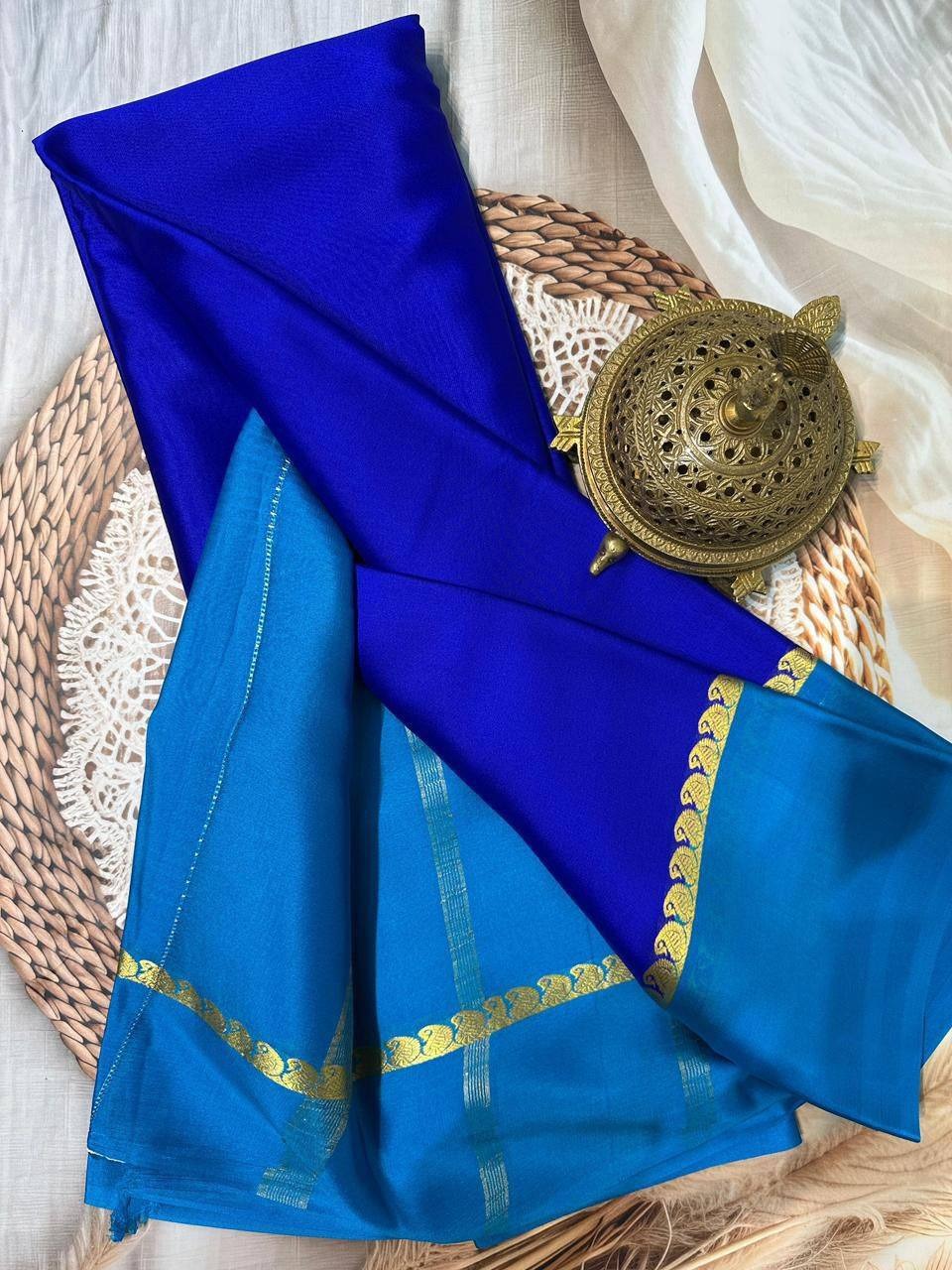 Royal Blue Mysore Crepe Silk Saree with Teal Bentex Border