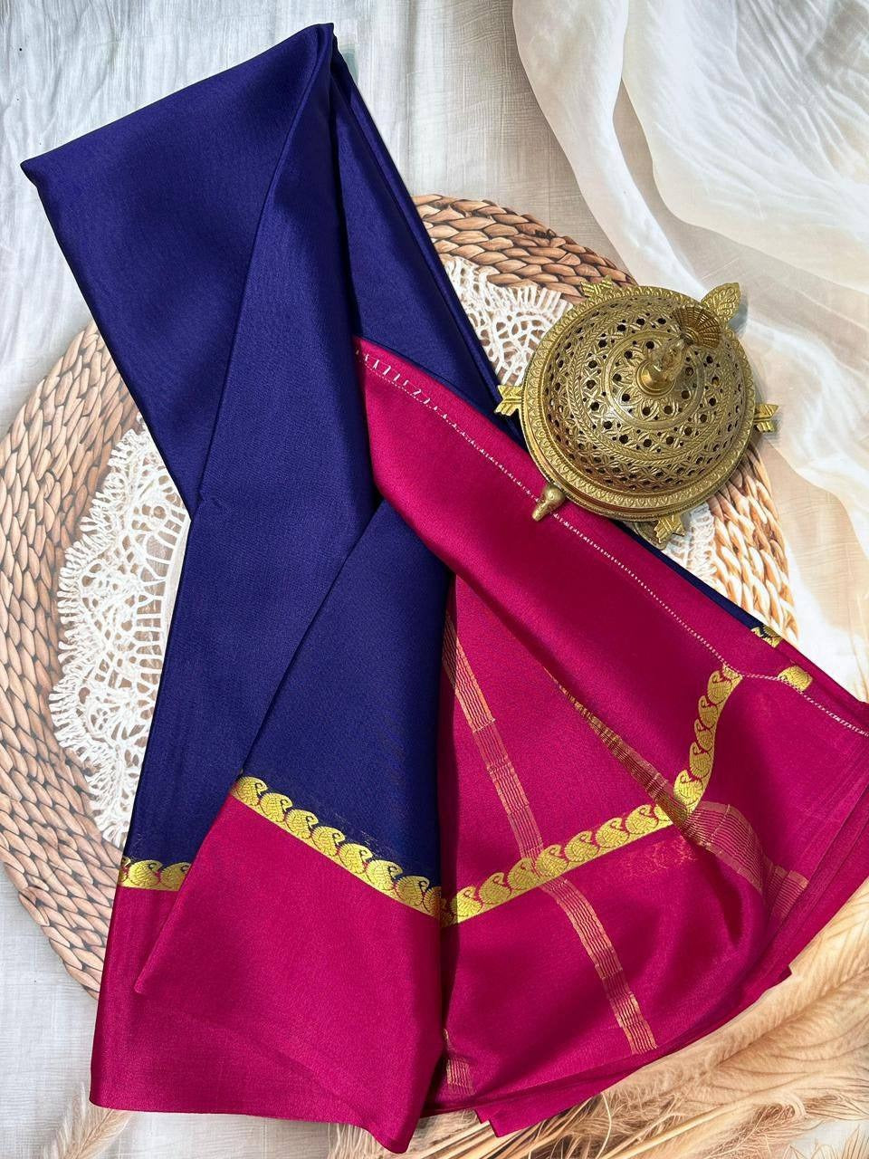 Navy Blue Mysore Crepe Silk Saree with Pink Bentex Border